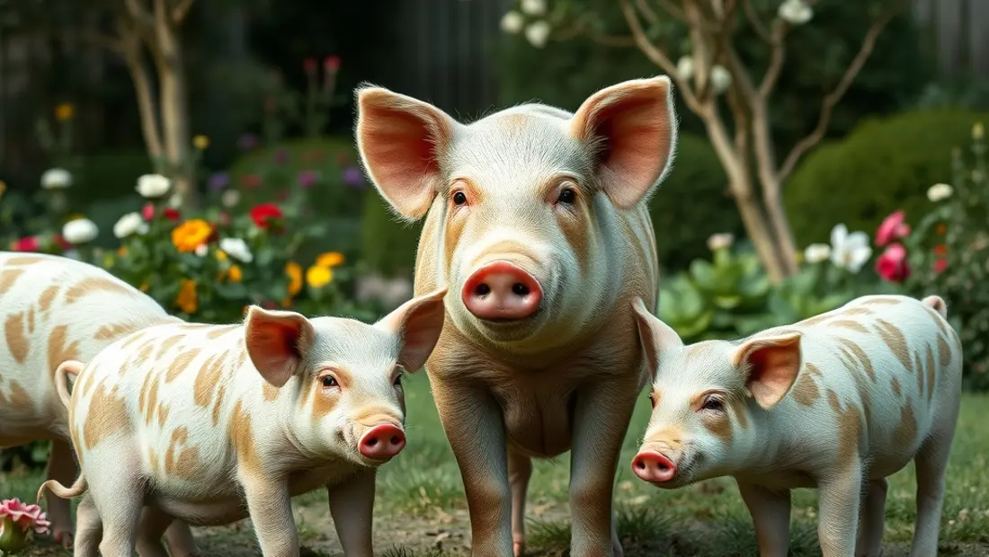 Porcfamilie mit schwangerer Mama in einem blumenreichen Garten.