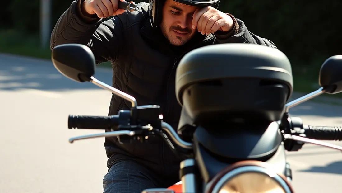 Ein Motorradfahrer montiert einen Pickel an seinem Motorrad