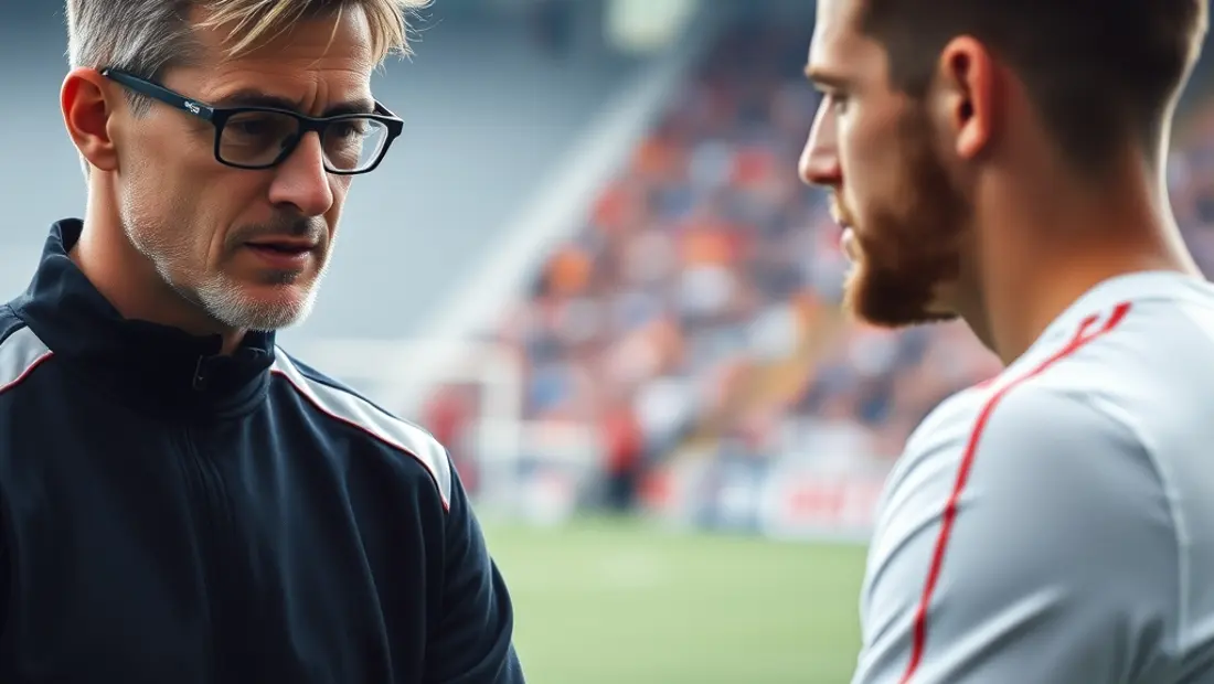 Trainer analysiert Taktik mit Fußballspielern