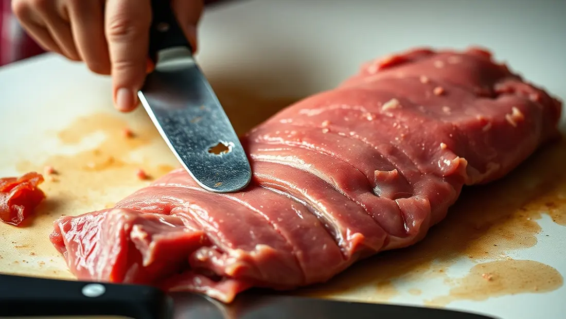 Zubereitung von Reisfleisch auf einer Arbeitsplatte.