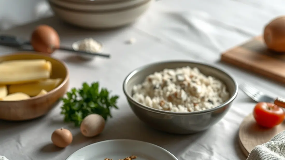 Rezeptzutaten und -zubehör auf einem Arbeitsplatz