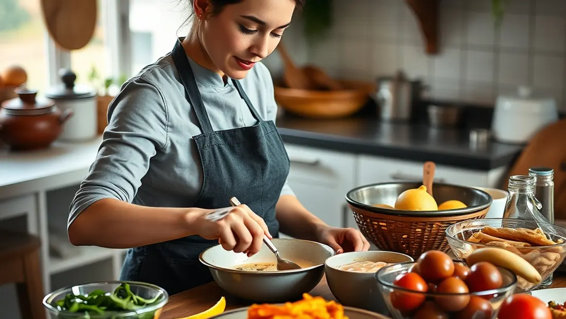 Person bei der Zubereitung von Essen in einer gemütlichen Küche