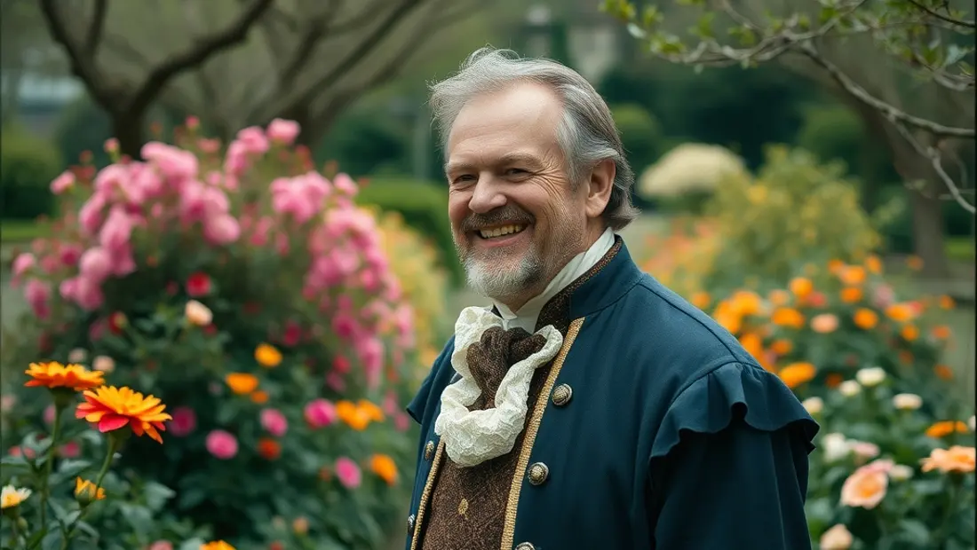 Ehemann in einem Garten mit Blumen und Bäumen, lächelnd, im Anzug