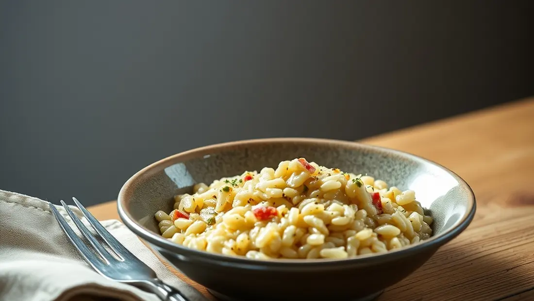 Ein fertig gekochter Risotto auf einem Holztisch