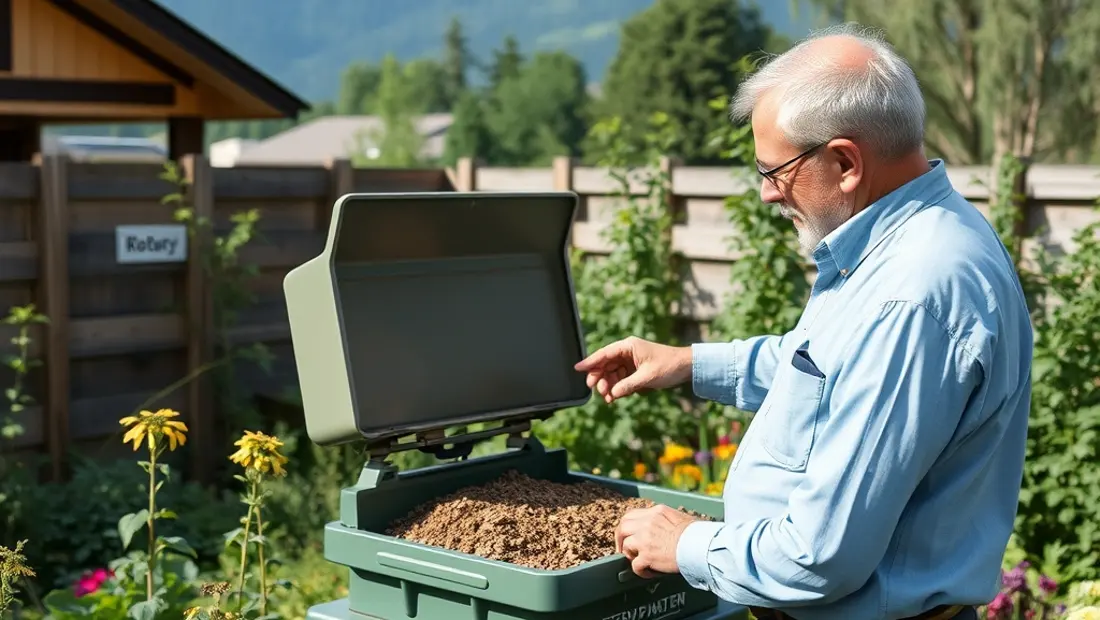 Mensch präsentiert Kompostiermaschine in einem Garten