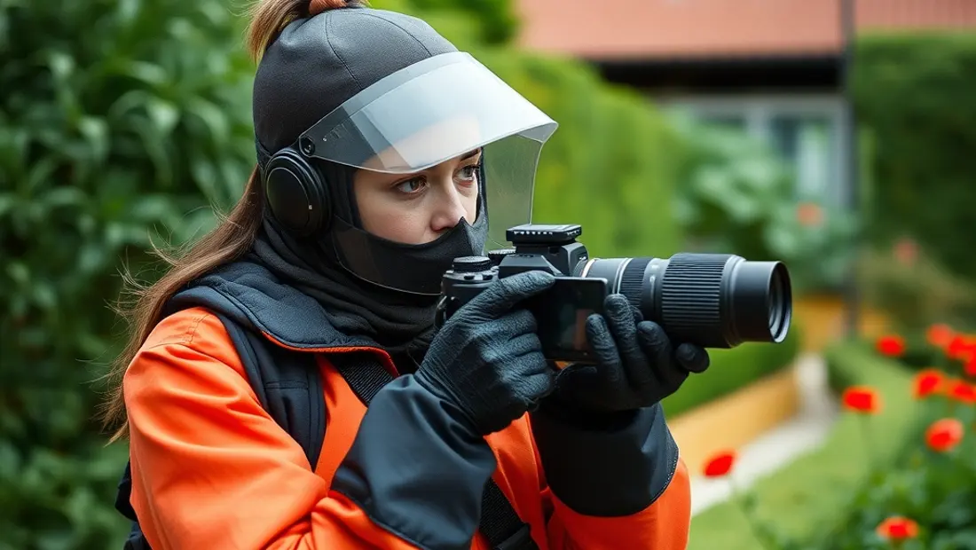 Frau fängt Rotstirnige Dolchwespe in ihrem Garten