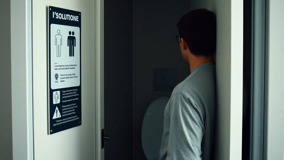 Eine Person geht zu einer Toilettenhütte mit Hygiene- und Sauberkeitsschild.