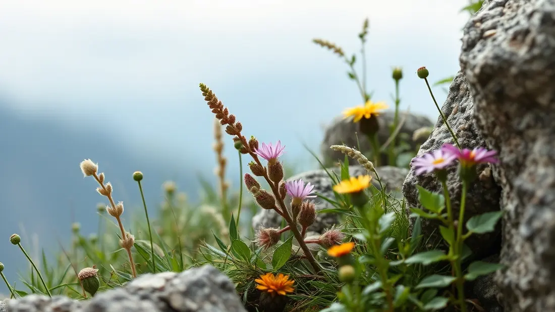 Ein Polsterlucken mit Pflanzen und wilden Blumen.