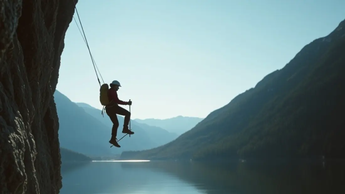Ein Wanderer klettert auf ein Polsterlucken mit Blick auf den See.