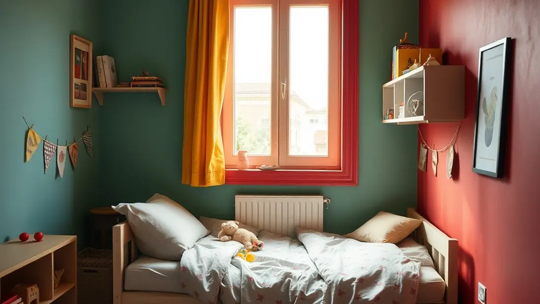 Ein kleines Kinderbett mit einem Spielbereich darunter und einem großen Fenster