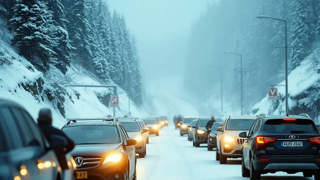 Gebirgsstraße im Schnee mit gestoppten Autos und Menschen