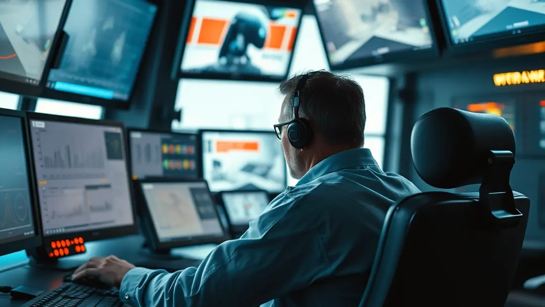 Ein Ingenieur sitzt in einem Kontrollraum mit Monitoren und Bildschirmen.