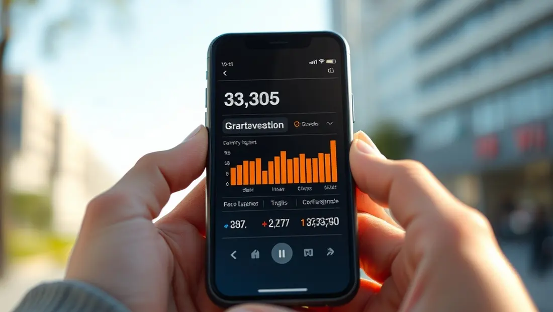 Ein Smartphone zeigt Web-Marketing-Statistiken.