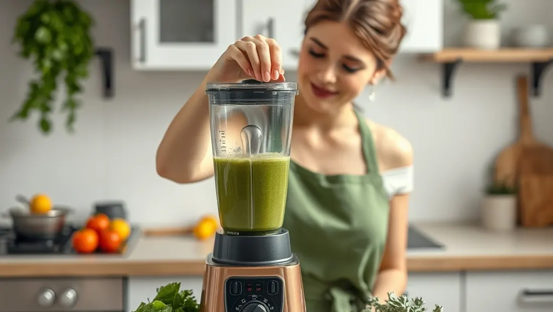 Frau mixt einen Smoothie in der Küche.