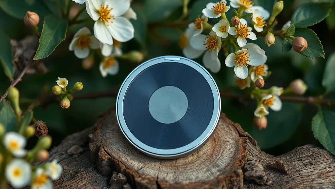 CD auf Holz mit Blumen und Blättern