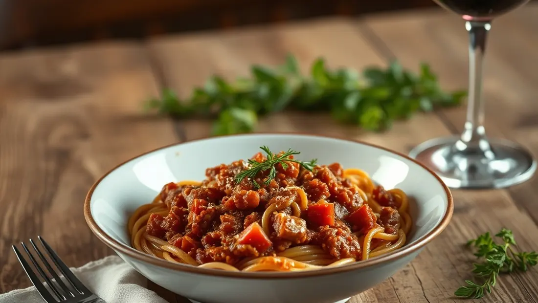 Spaghetti mit Bolognese auf einem Holztisch