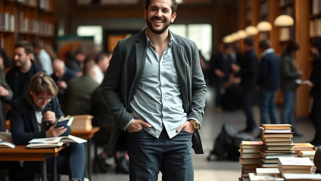 Ein Mann auf einer Bühne, lächelnd, mit Büchern und Zuhörern umgeben