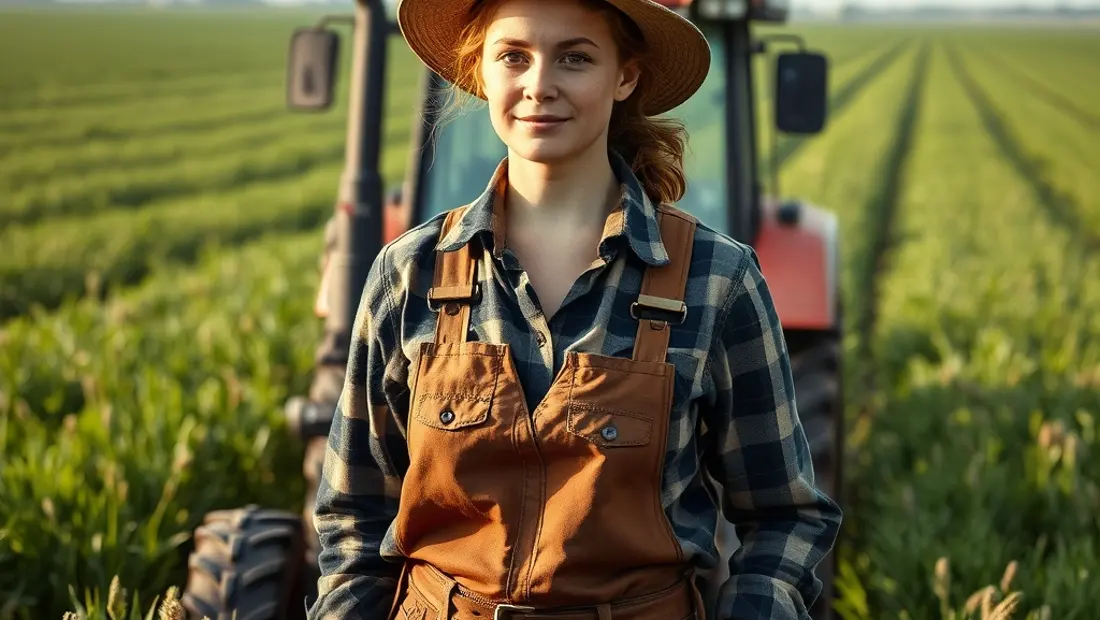 Frau tont eine grüne Wiese mit einem Traktor.