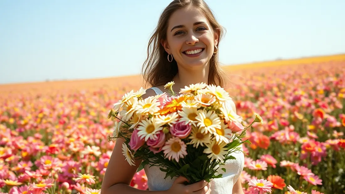 Eine Frau hält ein Blumenbündel in einem Blumenfeld unter der Sonne.