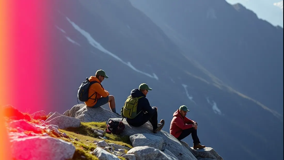 Gruppe von Wanderern ruht sich auf einem Felsen auf der Thaurer Alm.