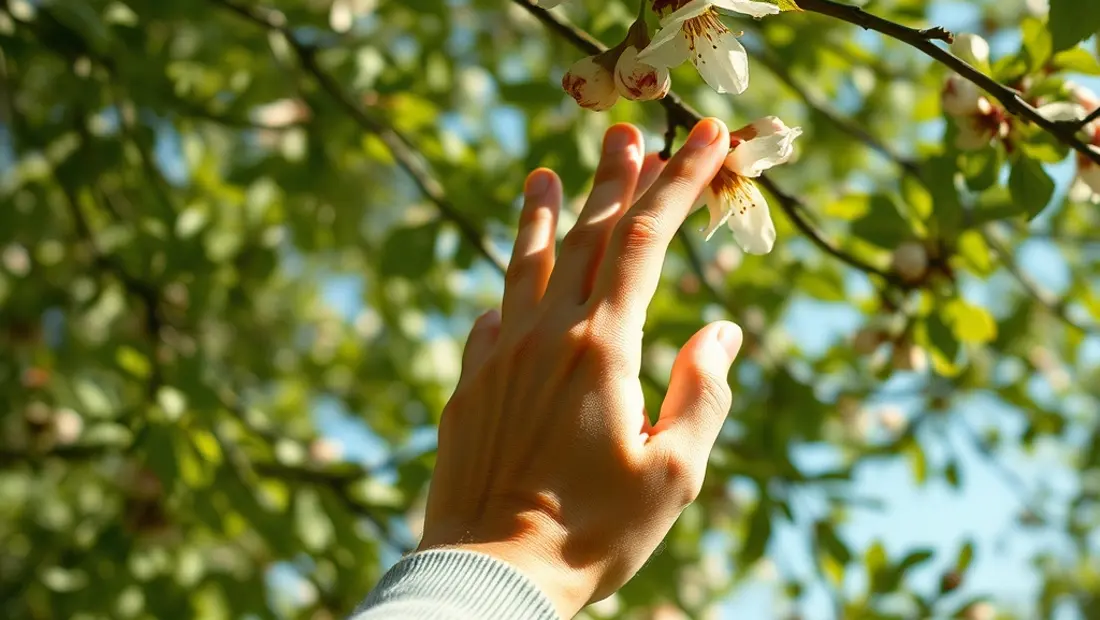 Eine Hand streckt sich nach einem Baum, mit Blättern oder Blumen.