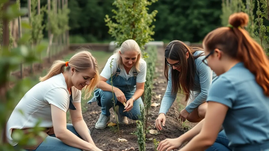 Ein Gruppe von Menschen arbeiten zusammen in einem Garten, Pflanzen Bäume.