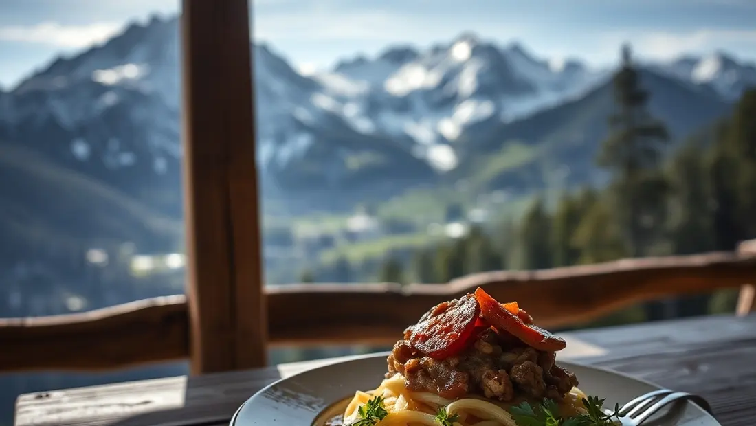 Tiroler Gröstl auf einem Holztisch mit Alpenpanorama