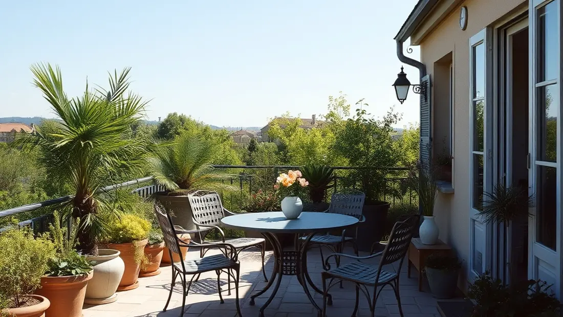 Terrasse mit Natursteinboden und grünen Pflanzen