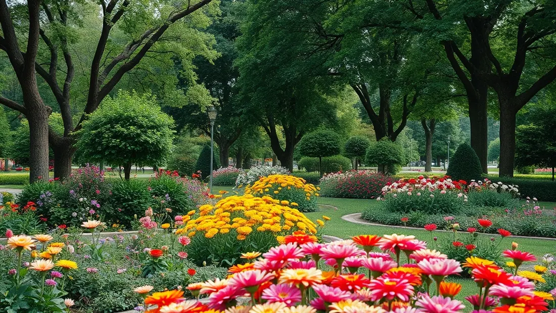 Ein friedlicher Garten mit blühenden Blumen und schattenspendenden Bäumen.