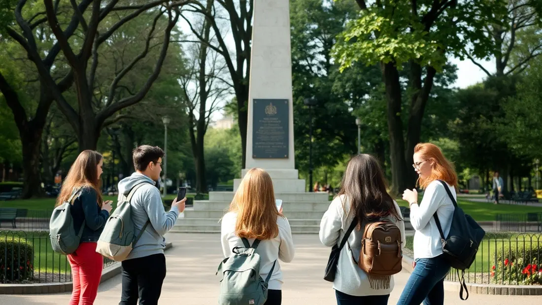 Jugendliche um einen Parkdenkmal stehen