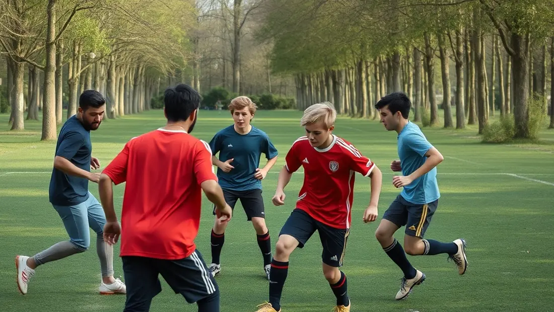 Freunde spielen Fußball auf einem grünen Feld.