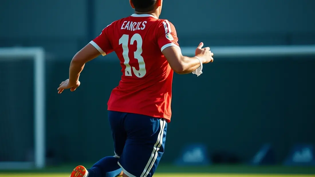 Fußballspieler trifft ein Tor mit dem Ball.