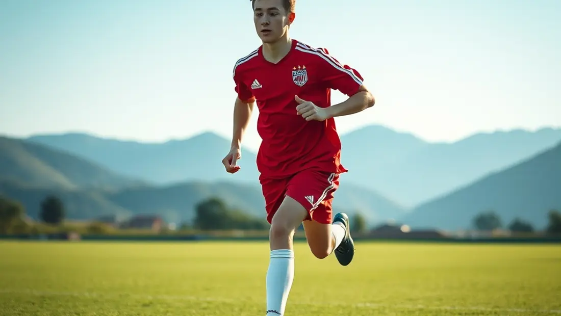 Junge Fußballspieler auf grünem Rasen.