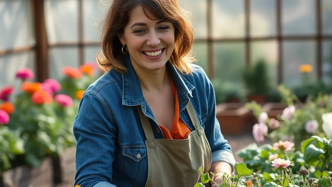 Frau im Gemeinschaftsgarten mit Blumen und Gemüse.