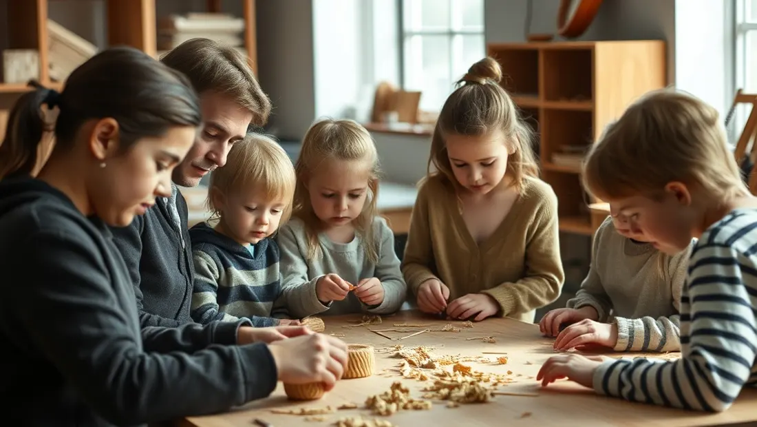 Gruppe von Erwachsenen und Kindern bei einem Kunstprojekt.