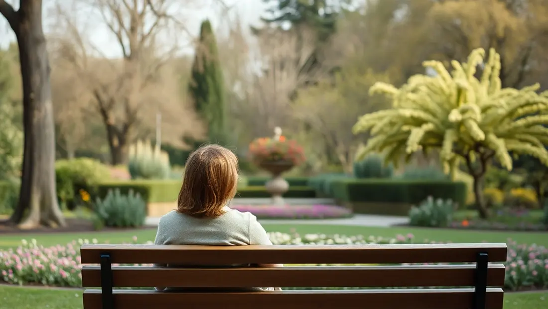 Person auf einem Bank im Garten mit Bäumen und Blumen.