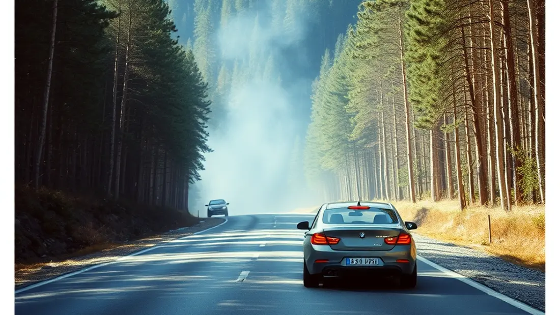 Straße mit Auto, Ampel und Wald im Hintergrund.