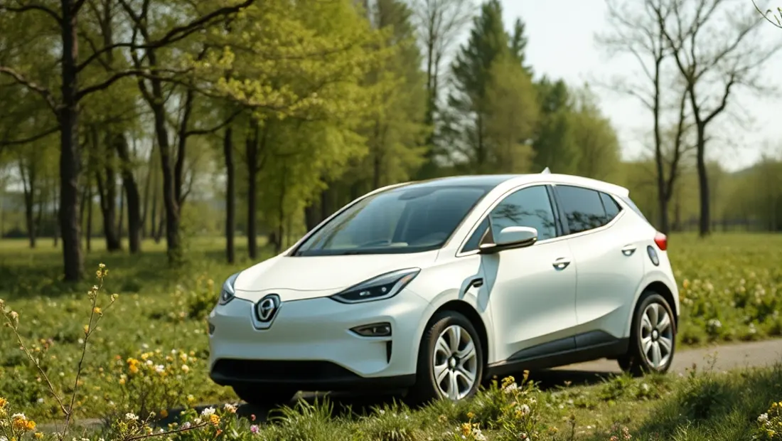Elektrofahrzeug auf grünem Grund vor Bäumen und Blumen.