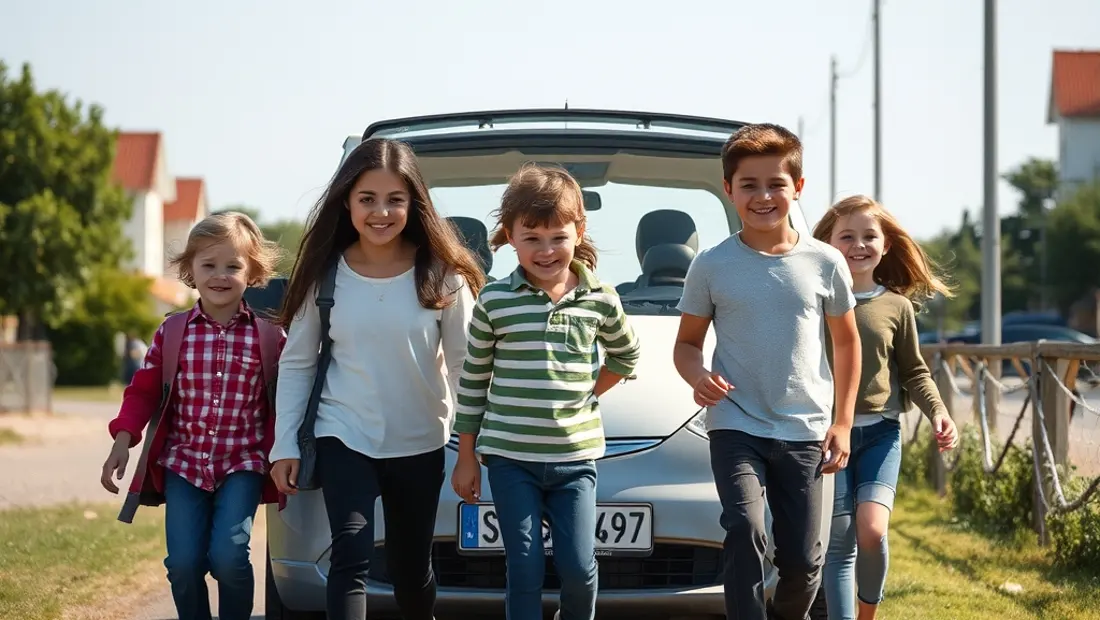 Menschen, darunter Kinder, nähern sich einem Elektrofahrzeug.