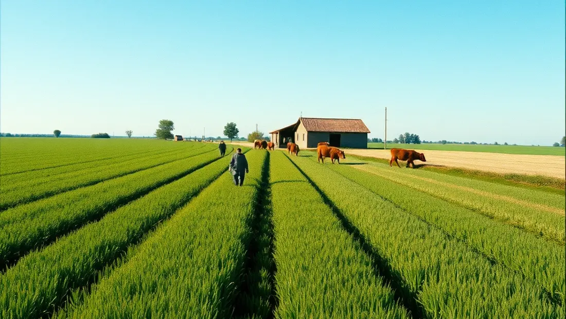 Ferme, Frauen arbeiten im Feld, blauer Himmel