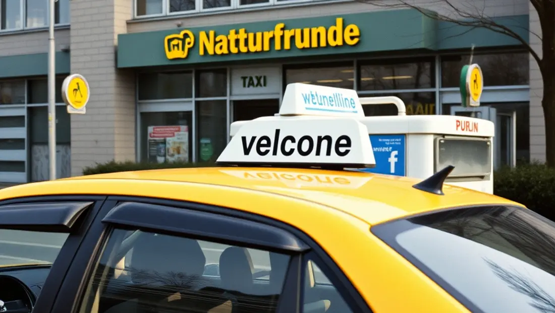 Taxi vor Naturfreunde-Bauwerk mit Begrüßungstafel