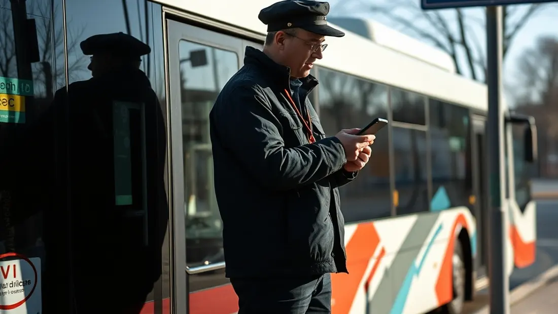 Ein Busfahrer steht neben einem Wasserstoffbus und betrachtet ein elektronisches Gerät.