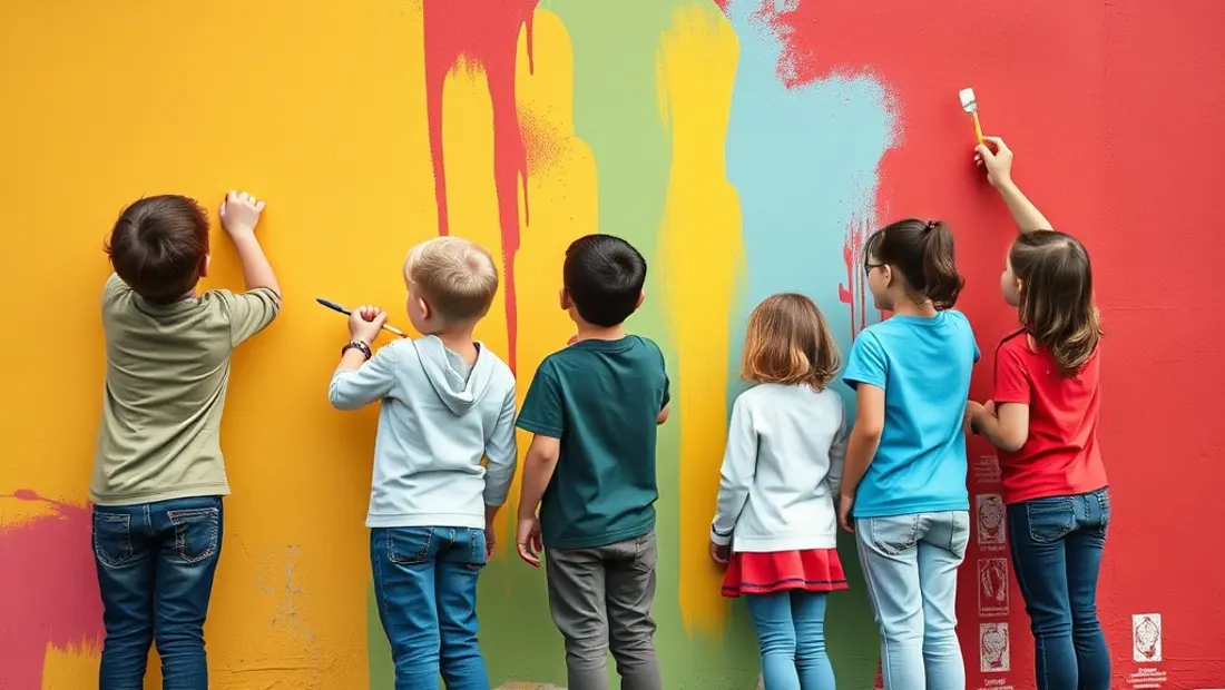 Kinder malen einen großen Wand mit buntfarbenen Farben im grünen Park.