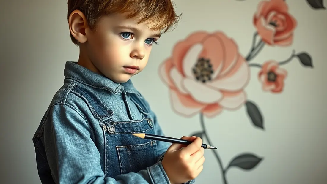Ein sechsjähriges Kind malt mit einem großen Pinsel ein Blumenmuster auf einer Wand.