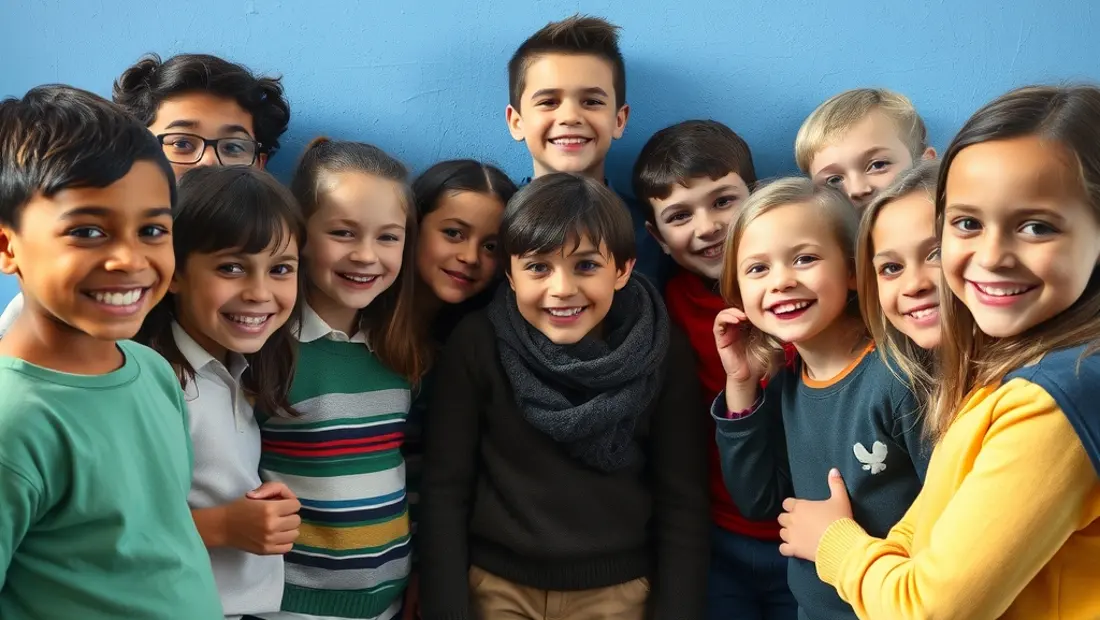 Schülerinnen und Schüler umringen einen bunt gemalten Wand, mit lächelnden Gesichtern und zufriedenen Gesten.