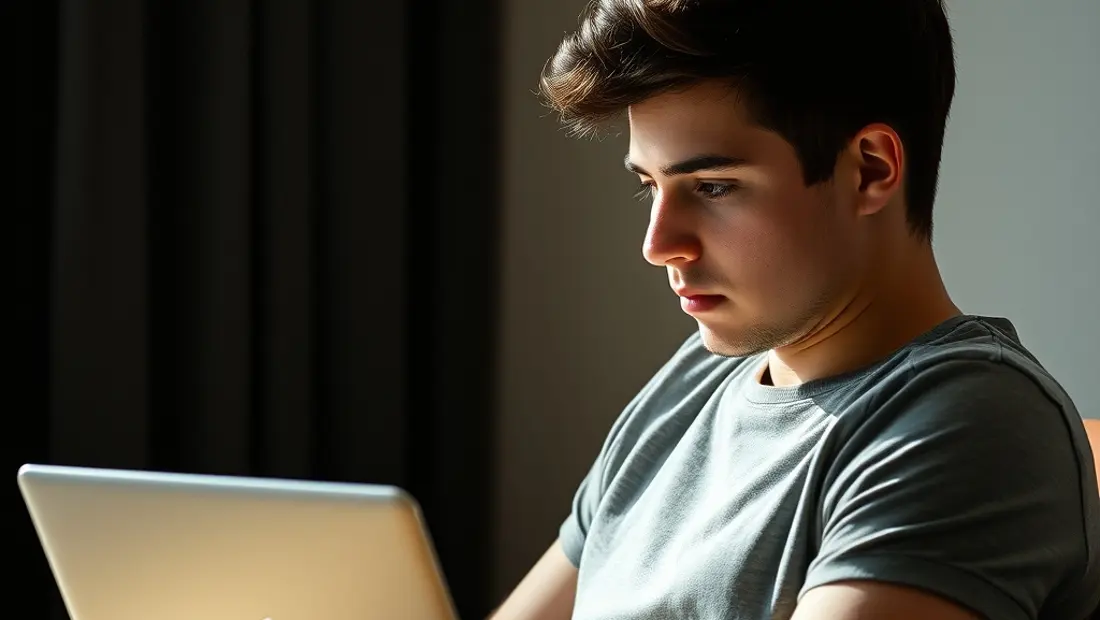 Ein junger Mann sitzt vor einem Laptop und schaut auf den Bildschirm.