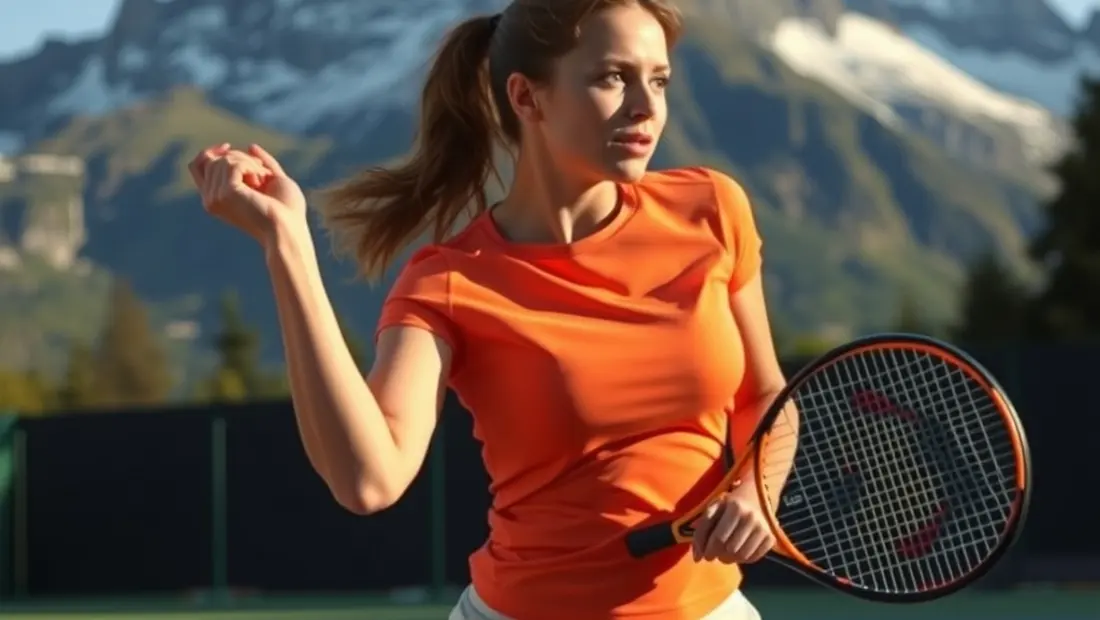 Frau beim Tennis spielen mit Berg im Hintergrund.
