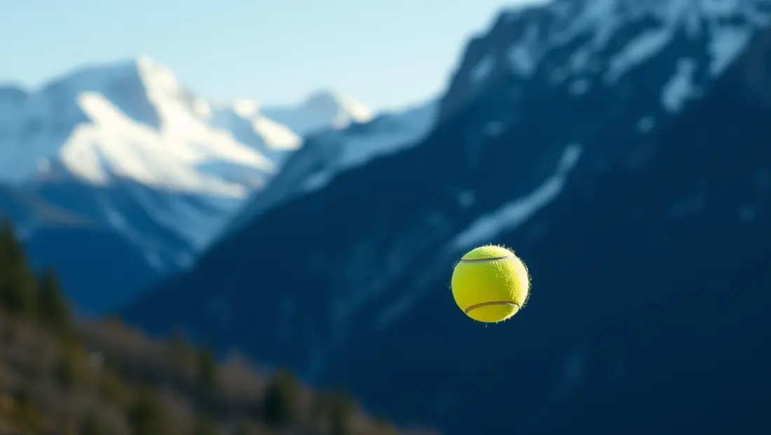 Tennisschläger in Flug über Schneegebirge.