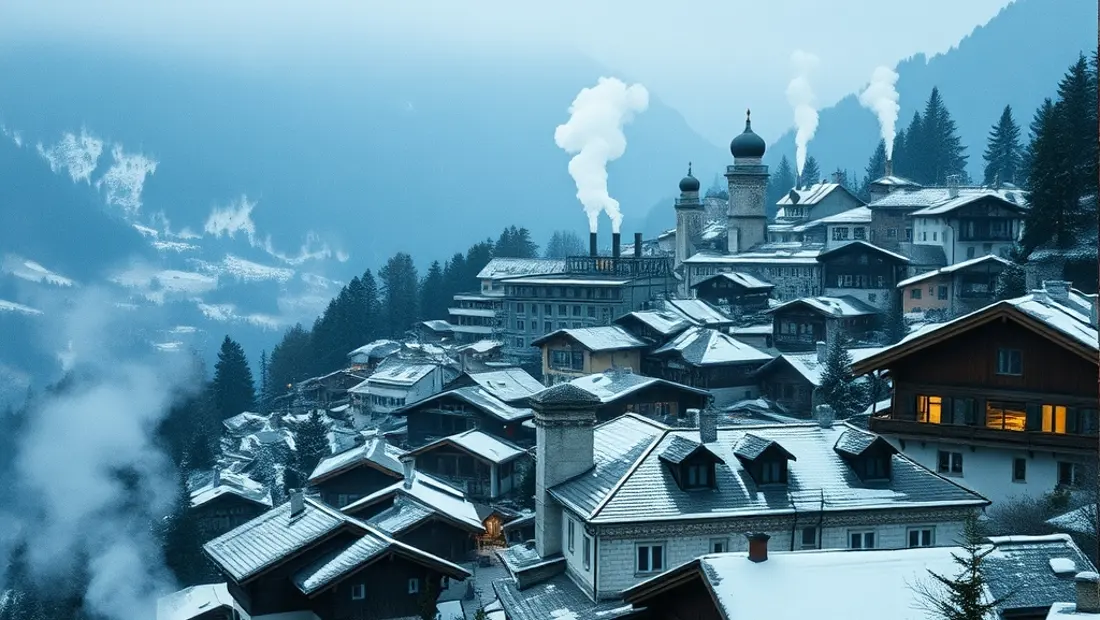 Blick auf ein alpines Dorf mit historischen Gebäuden und Schornsteinen